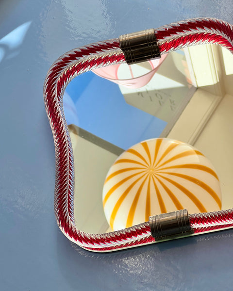 Vintage Italian mirror with red twisted clear glass frame