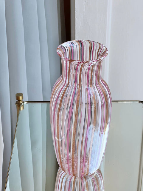 Vintage pink Murano vase with vertical stripes