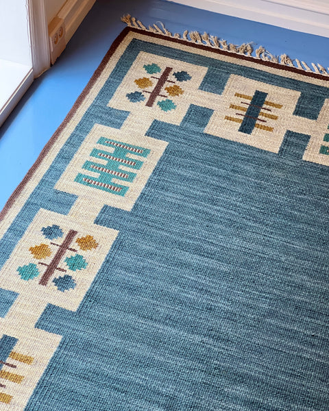 Vintage blue flat weave rug by Anna-Greta Sjöqvist (AGS)