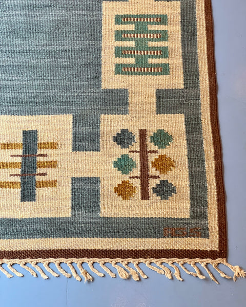 Vintage blue flat weave rug by Anna-Greta Sjöqvist (AGS)