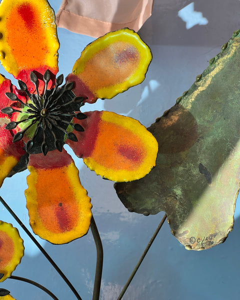 Vintage Curtis Jere orange enamel double flower sculpture