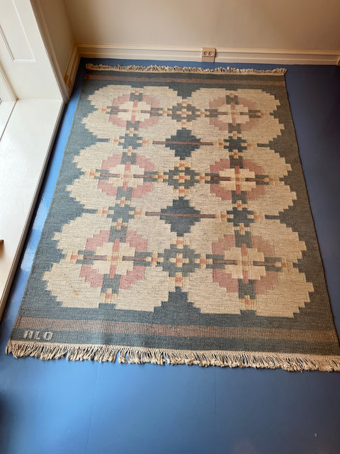 Vintage light blue flat weave rug signed HLO