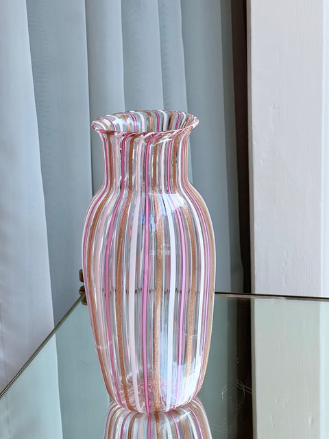 Vintage pink Murano vase with vertical stripes