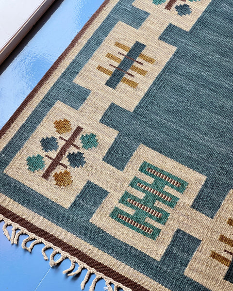 Vintage blue flat weave rug by Anna-Greta Sjöqvist (AGS)