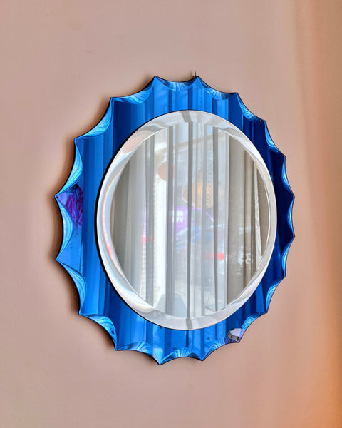 Vintage Italian round mirror with blue mirror frame
