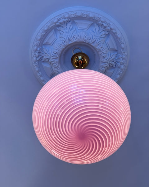 Large vintage oval pink swirl Murano ceiling lamp (D45)