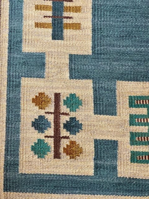 Vintage blue flat weave rug by Anna-Greta Sjöqvist (AGS)
