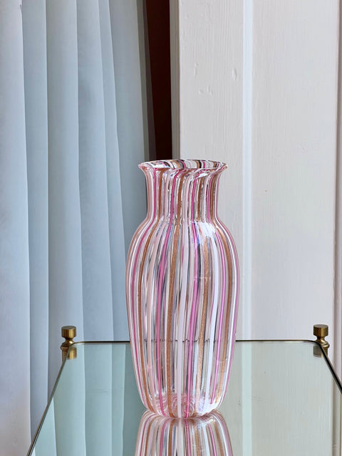 Vintage pink Murano vase with vertical stripes