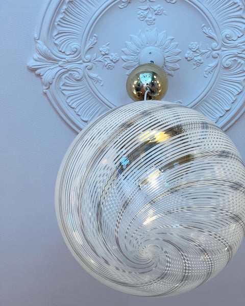 Vintage white/grey/clear Murano swirl ceiling lamp (D40)