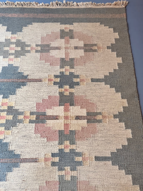 Vintage light blue flat weave rug signed HLO