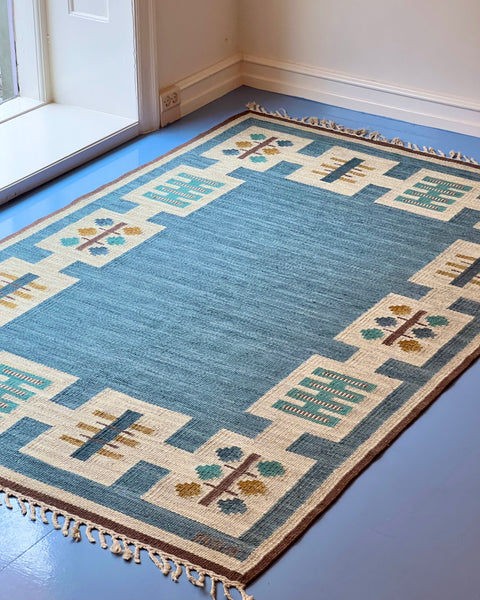 Vintage blue flat weave rug by Anna-Greta Sjöqvist (AGS)
