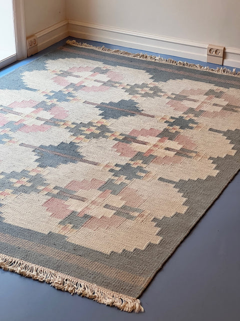 Vintage light blue flat weave rug signed HLO