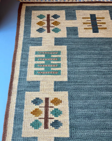 Vintage blue flat weave rug by Anna-Greta Sjöqvist (AGS)