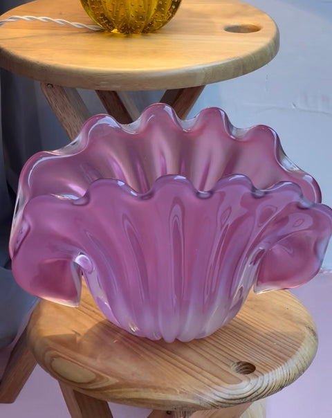 Vintage opal pink Murano shell bowl with pearl