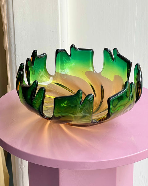Vintage green/amber Murano bowl with ruffled edges