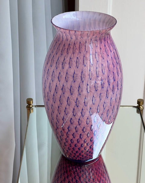 Large vintage purple Murano vase with blue dots