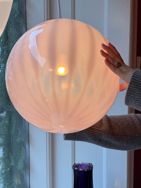 Vintage light pink/clear vertical striped Murano ceiling lamp (D35)