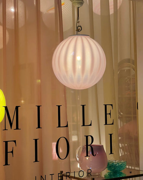 Vintage light pink/clear vertical striped Murano ceiling lamp (D35)