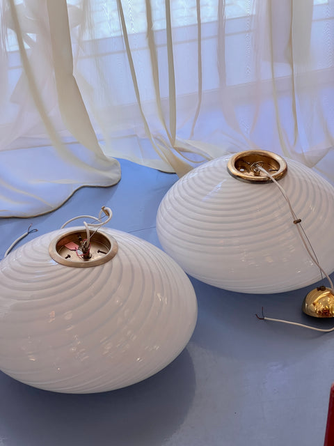 Large vintage oval white swirl Murano ceiling lamp (D50)