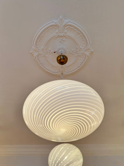 Large vintage oval white swirl Murano ceiling lamp (D50)