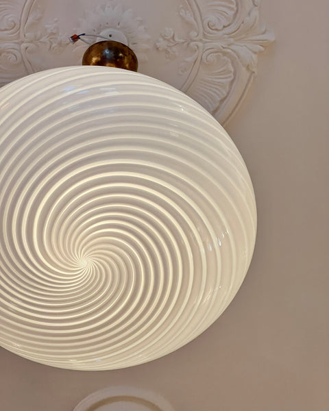 Large vintage oval white swirl Murano ceiling lamp (D50)