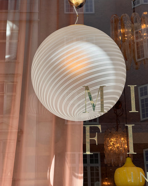 Large vintage round white / blurred swirl Murano ceiling lamp (D50)