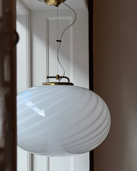 Large vintage oval white swirl Murano ceiling lamp (D50)