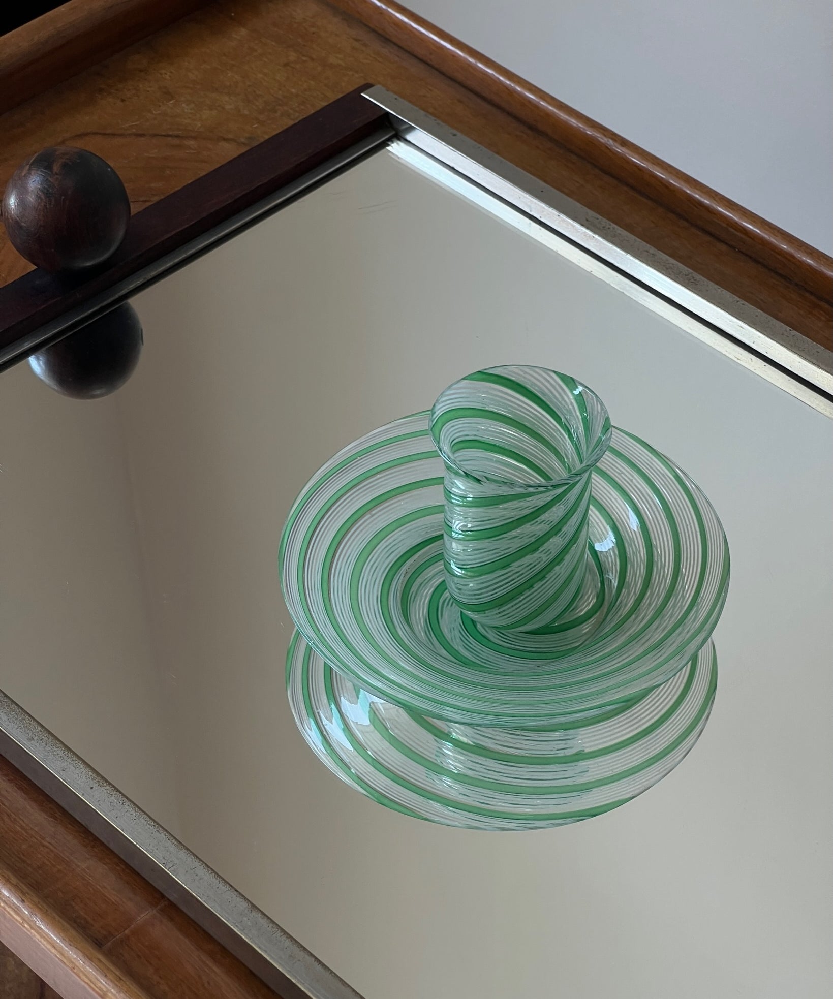 Vintage green/white swirl Murano latticino set with dish and glass