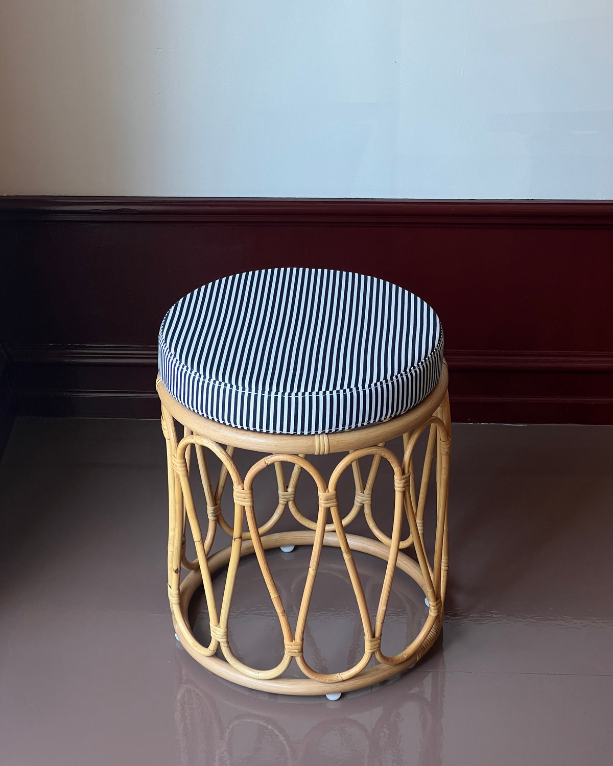 Short Rattan Stools Rattan stool with striped cushion - BACK IN STOCK – Millefiori Interior