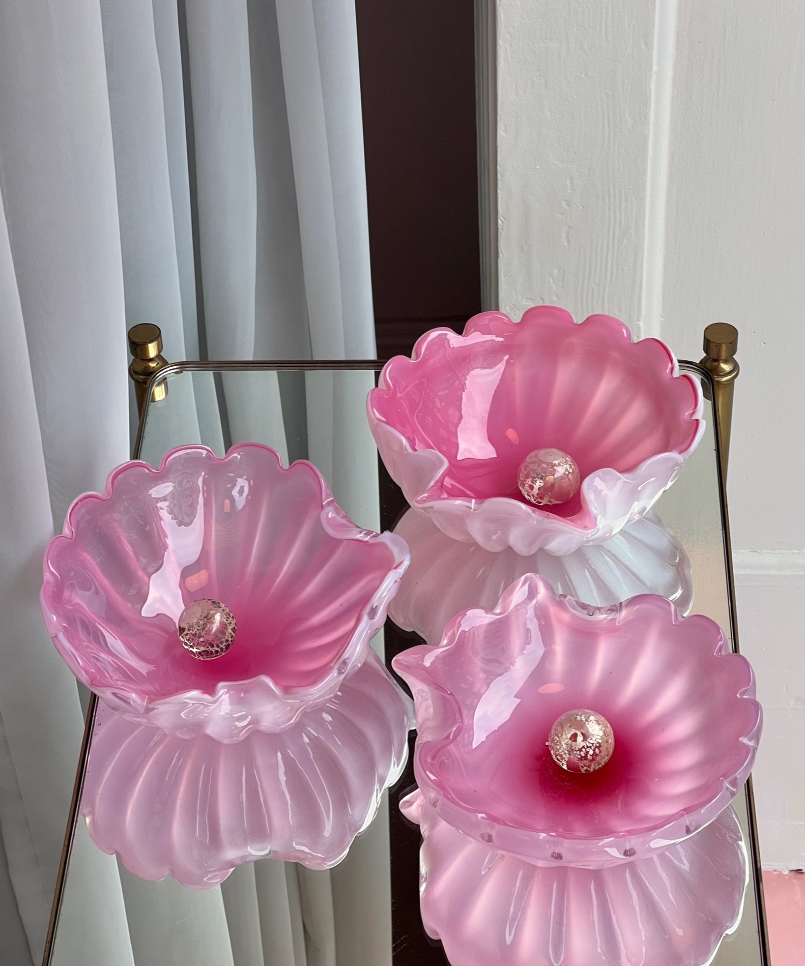 Vintage opal pink Murano shell bowl with pearl