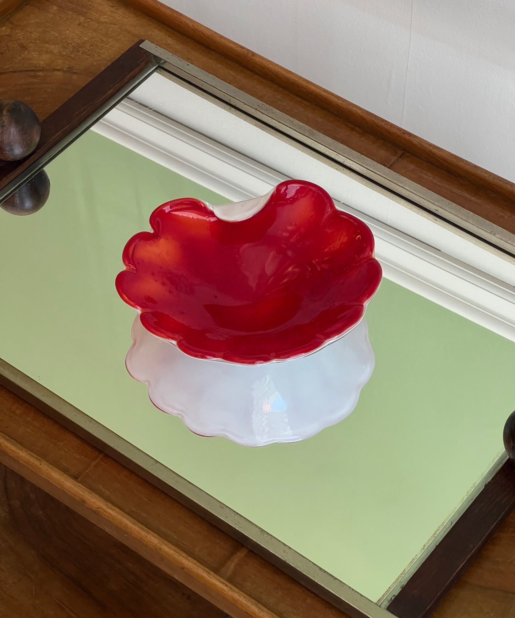 Vintage red / white Murano shell bowl