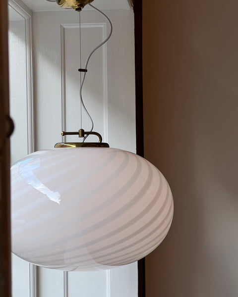 Large vintage oval white swirl Murano ceiling lamp (D50)