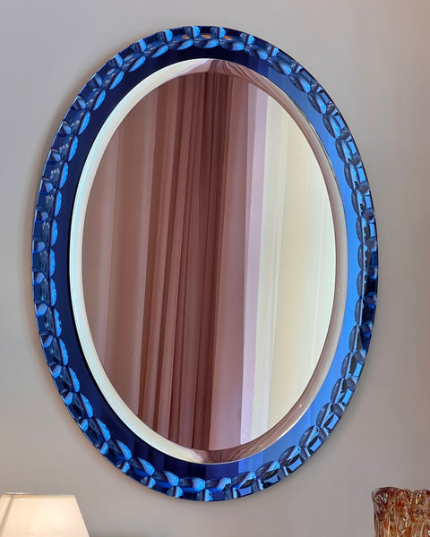 Vintage Italian mirror with blue faceted mirror frame