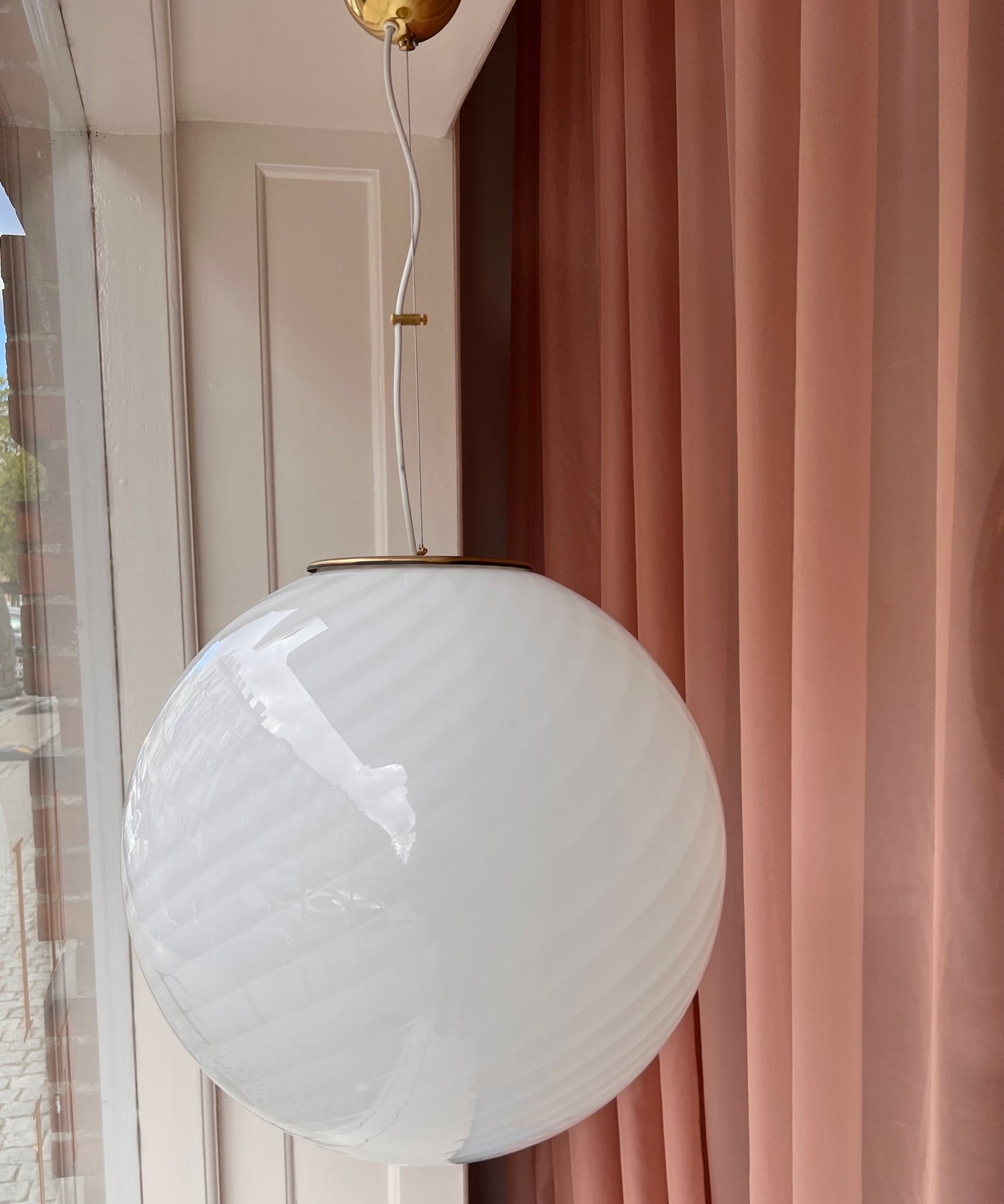 Large vintage Murano white swirl ceiling lamp (D50)