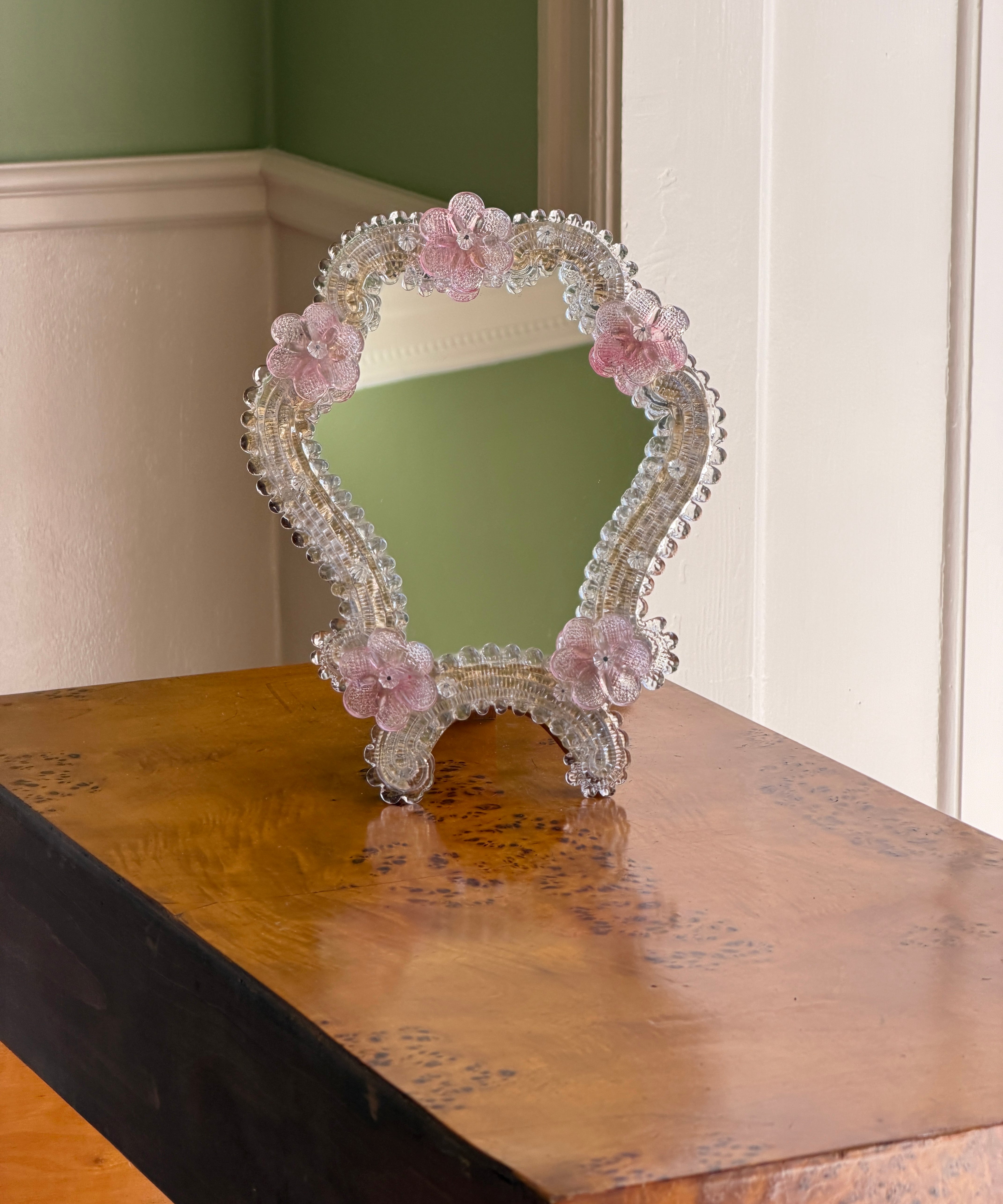 Vintage Italian table mirror with pink glass flowers