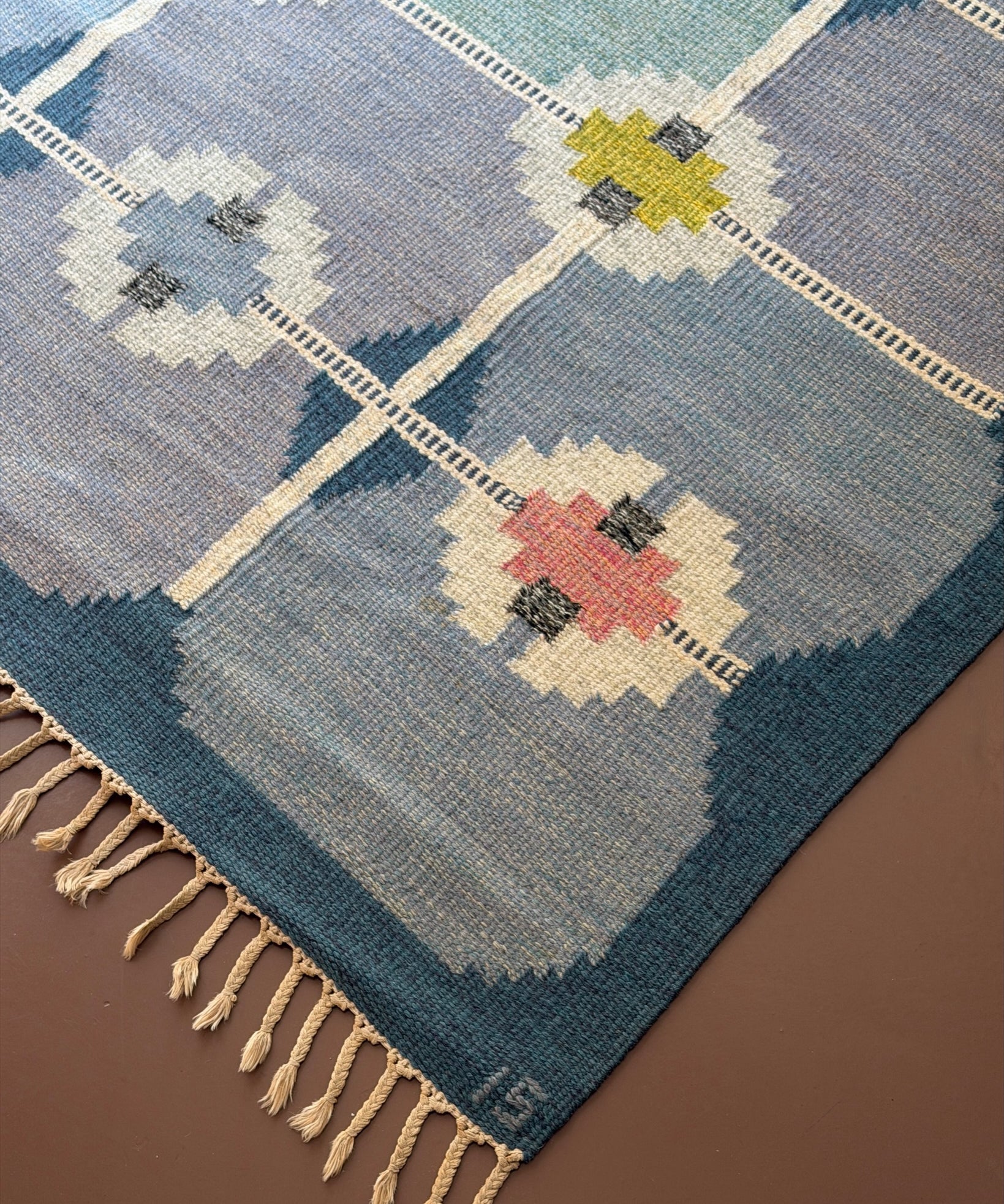 Vintage blue flat weave rug by Ingegerd Silow (IS)