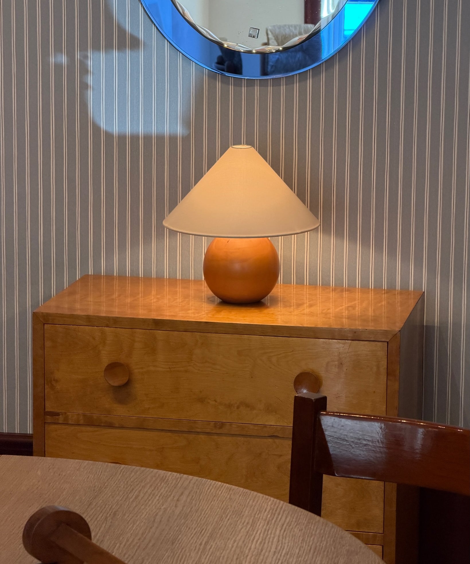 Vintage large round wooden table lamp