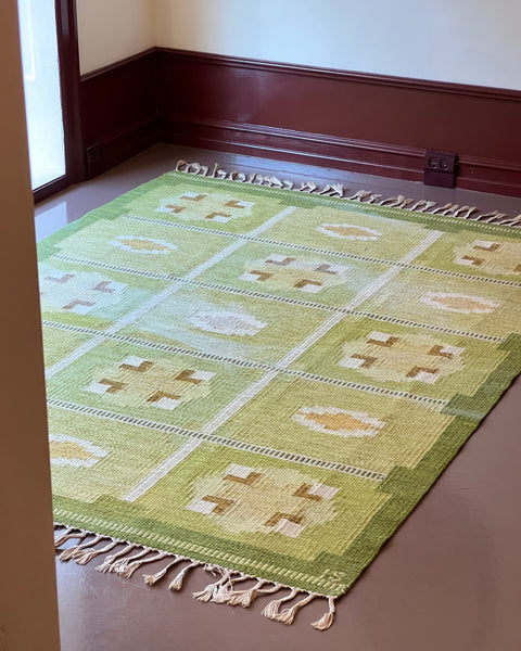 Vintage green flat weave rug by Ingegerd Silow (IS)