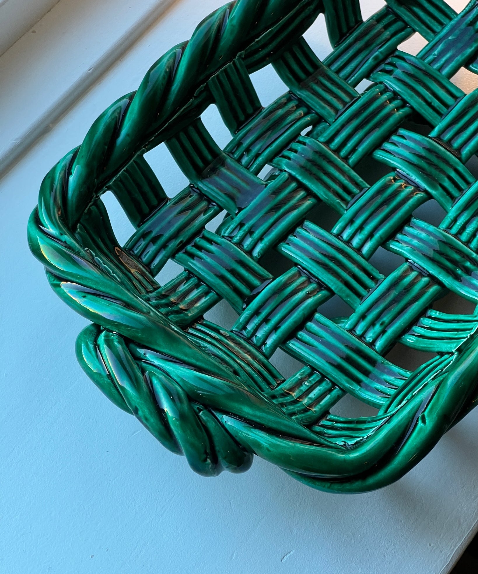 Vintage green ceramic basket