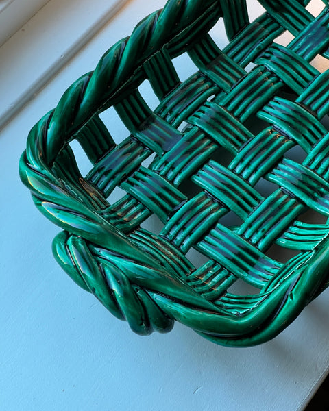 Vintage green ceramic basket