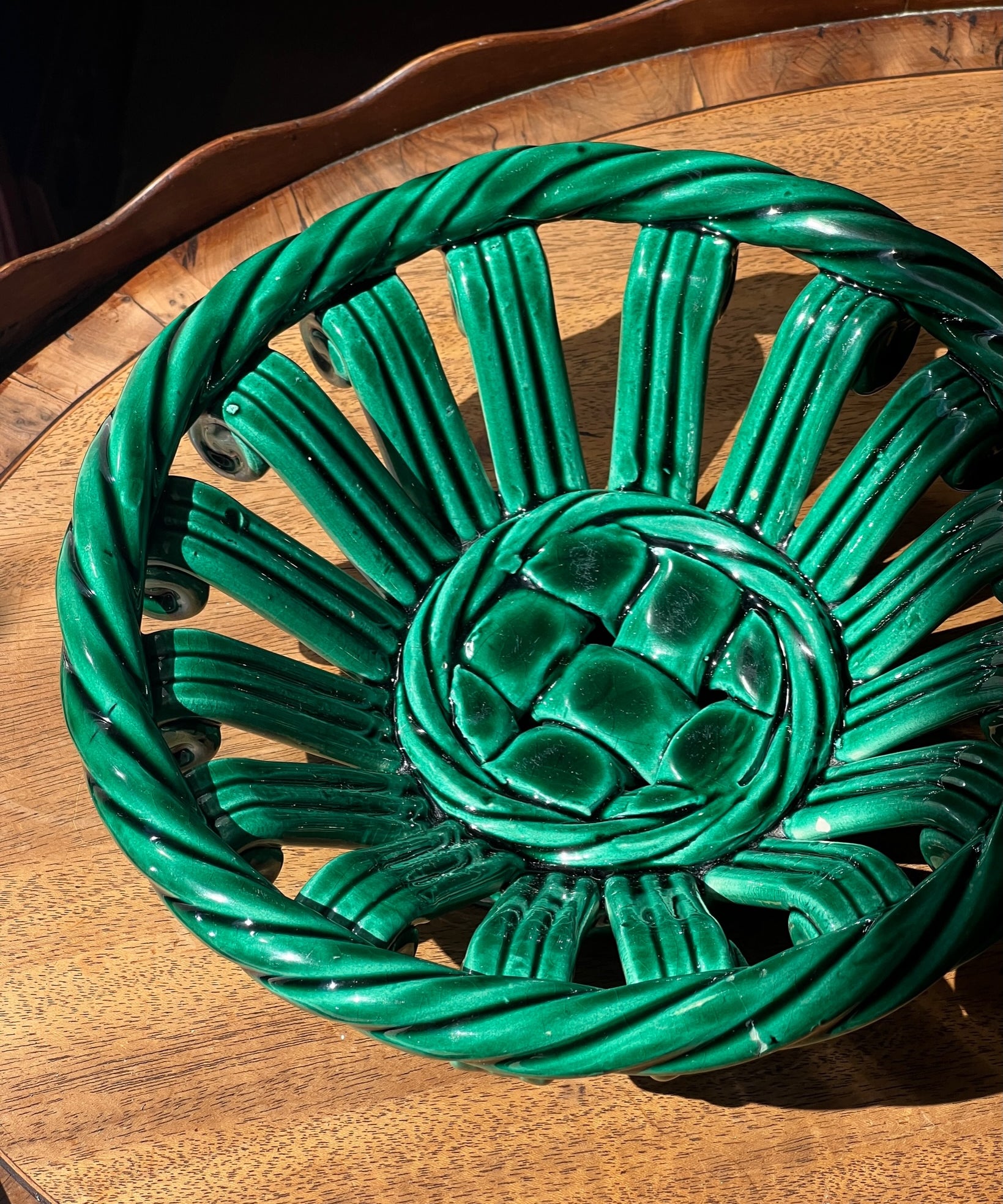 Vintage green ceramic basket