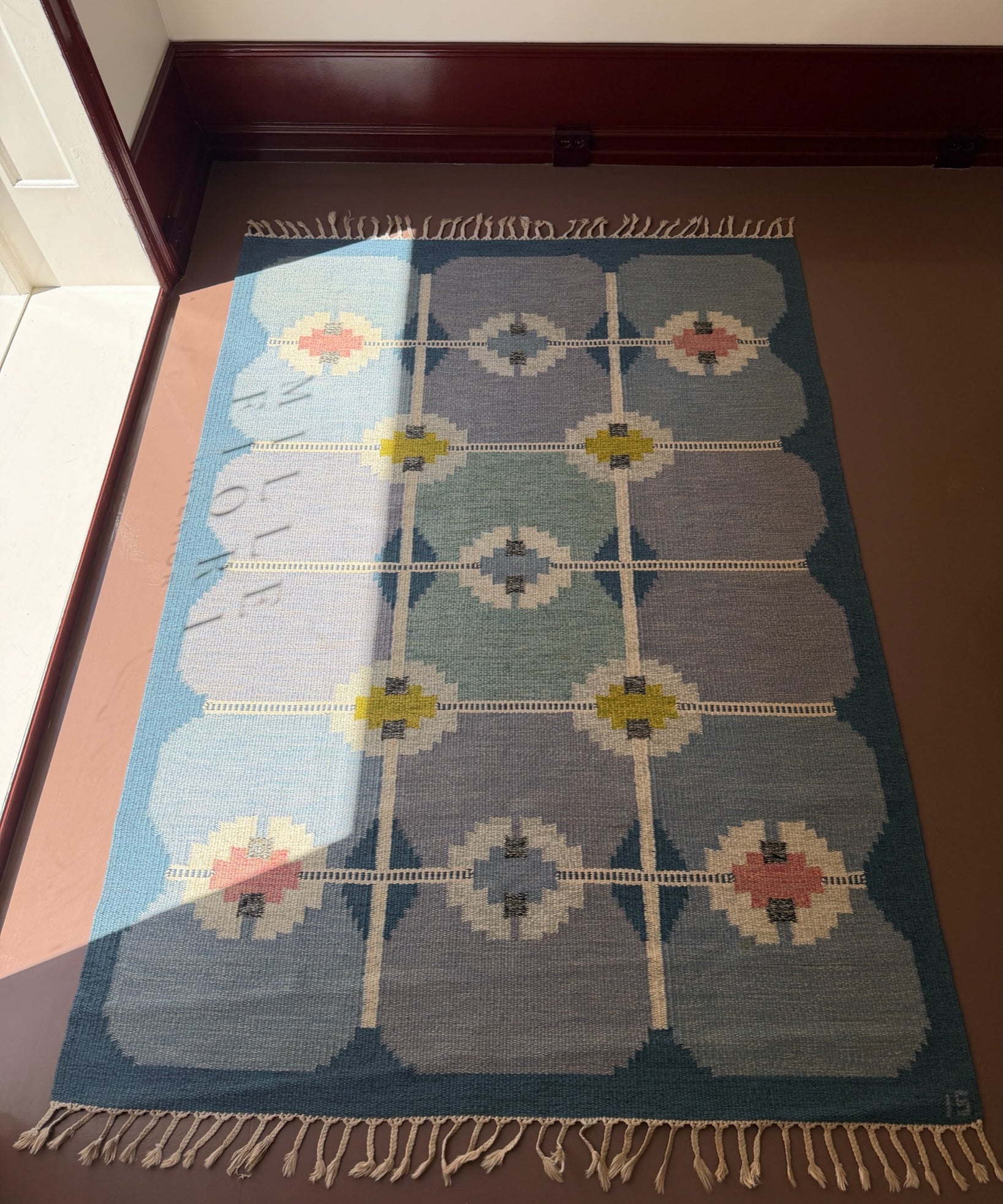 Vintage blue flat weave rug by Ingegerd Silow (IS)