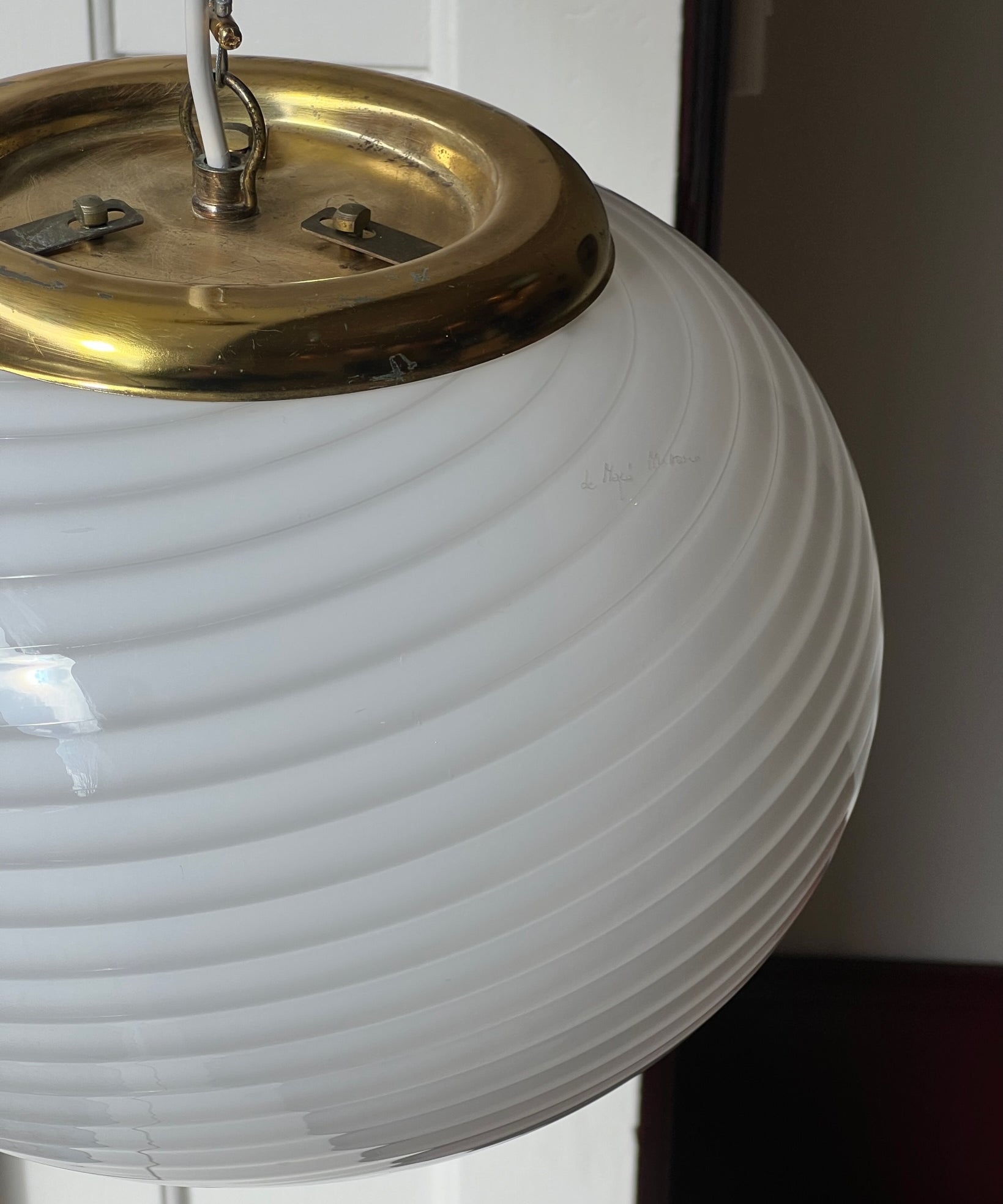 Vintage Murano oval white swirl ceiling lamp (D32)