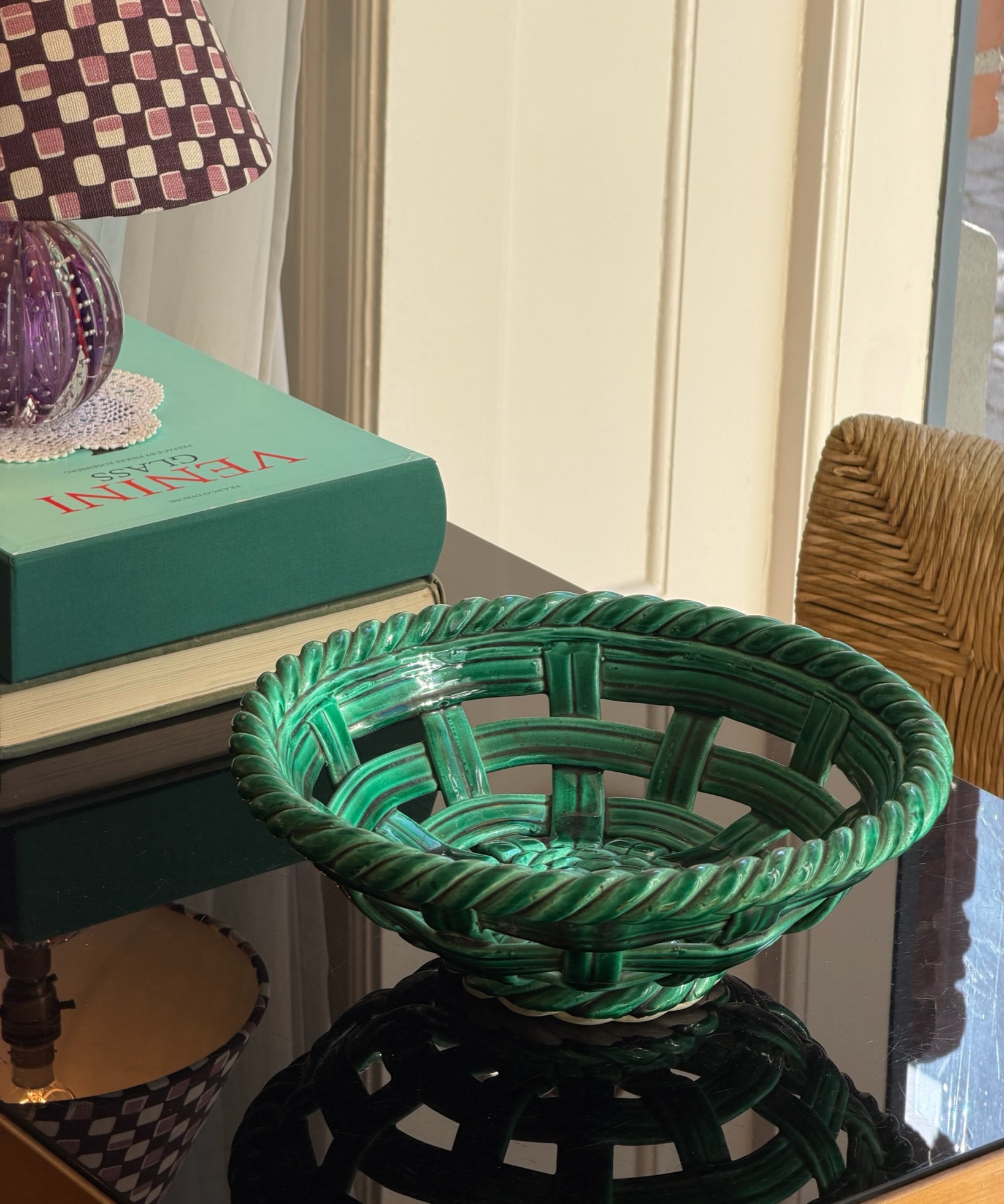 Vintage green ceramic basket