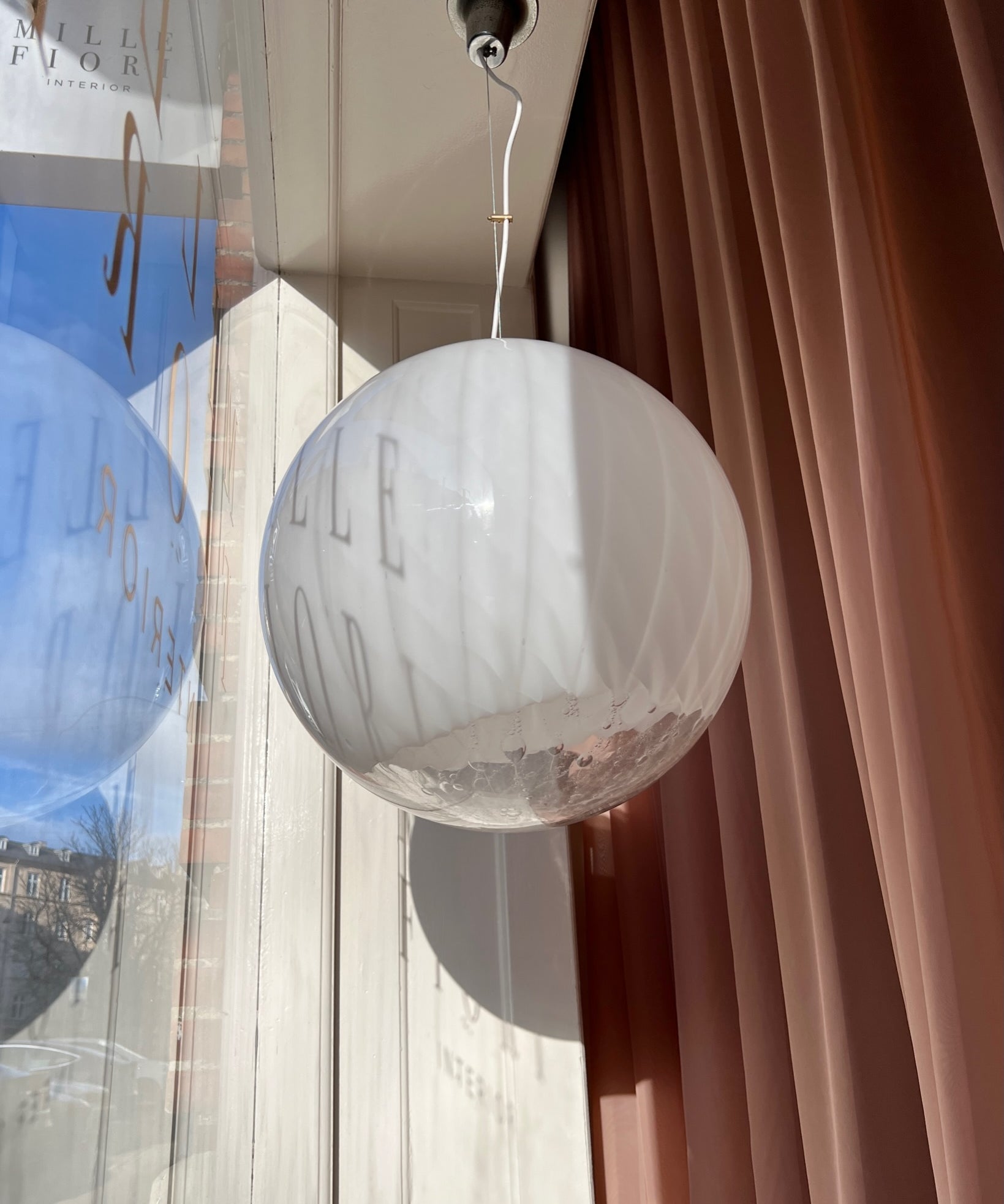 Large vintage white clear Murano ceiling lamp (D50)
