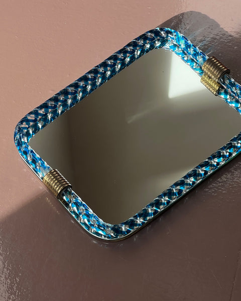 Vintage Italian mirror with twisted clear/blue squared glass frame