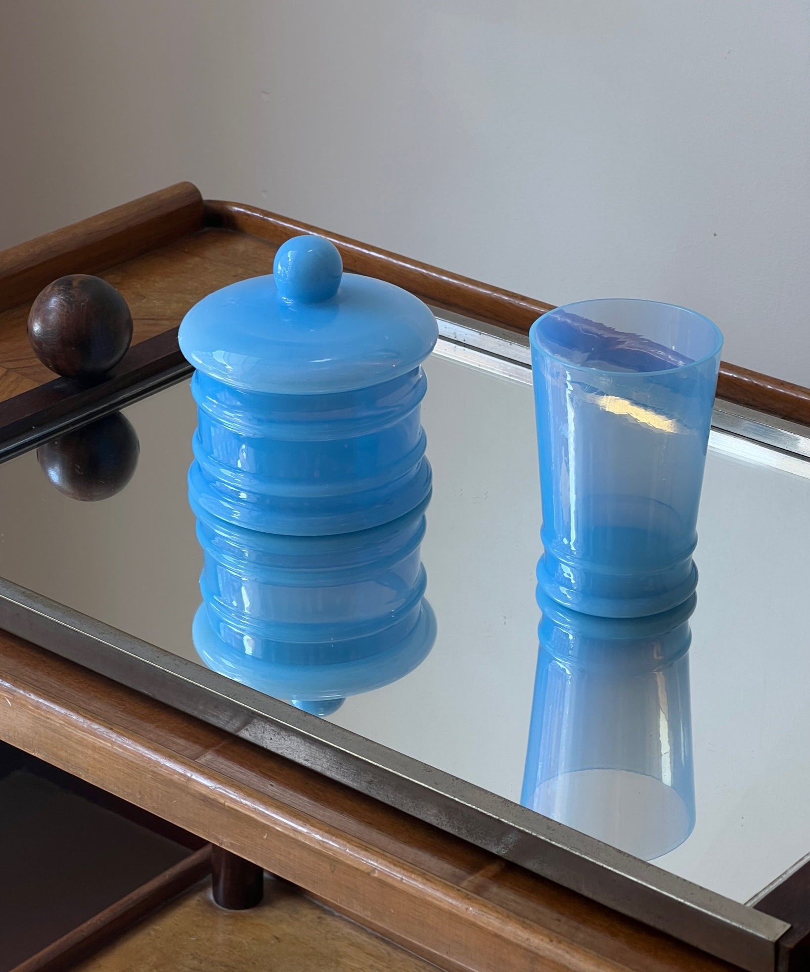 Vintage opal blue Murano set with bonbonniere and glass