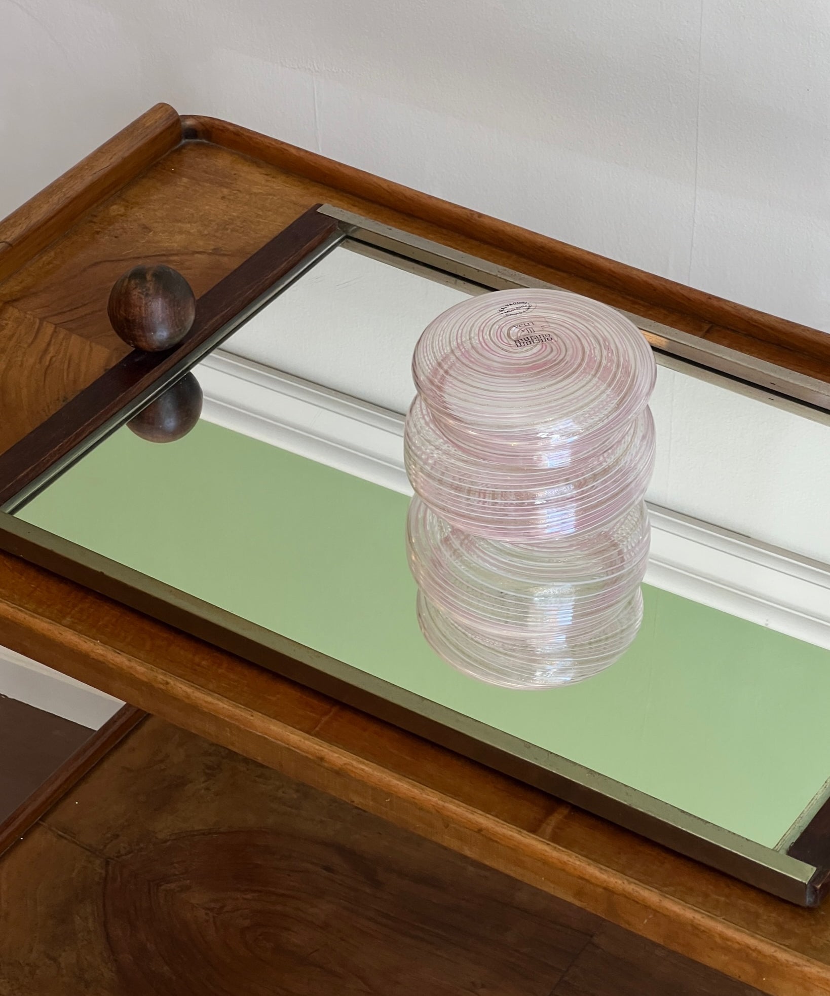 Vintage pink/clear/golden swirl Murano bonbonniere