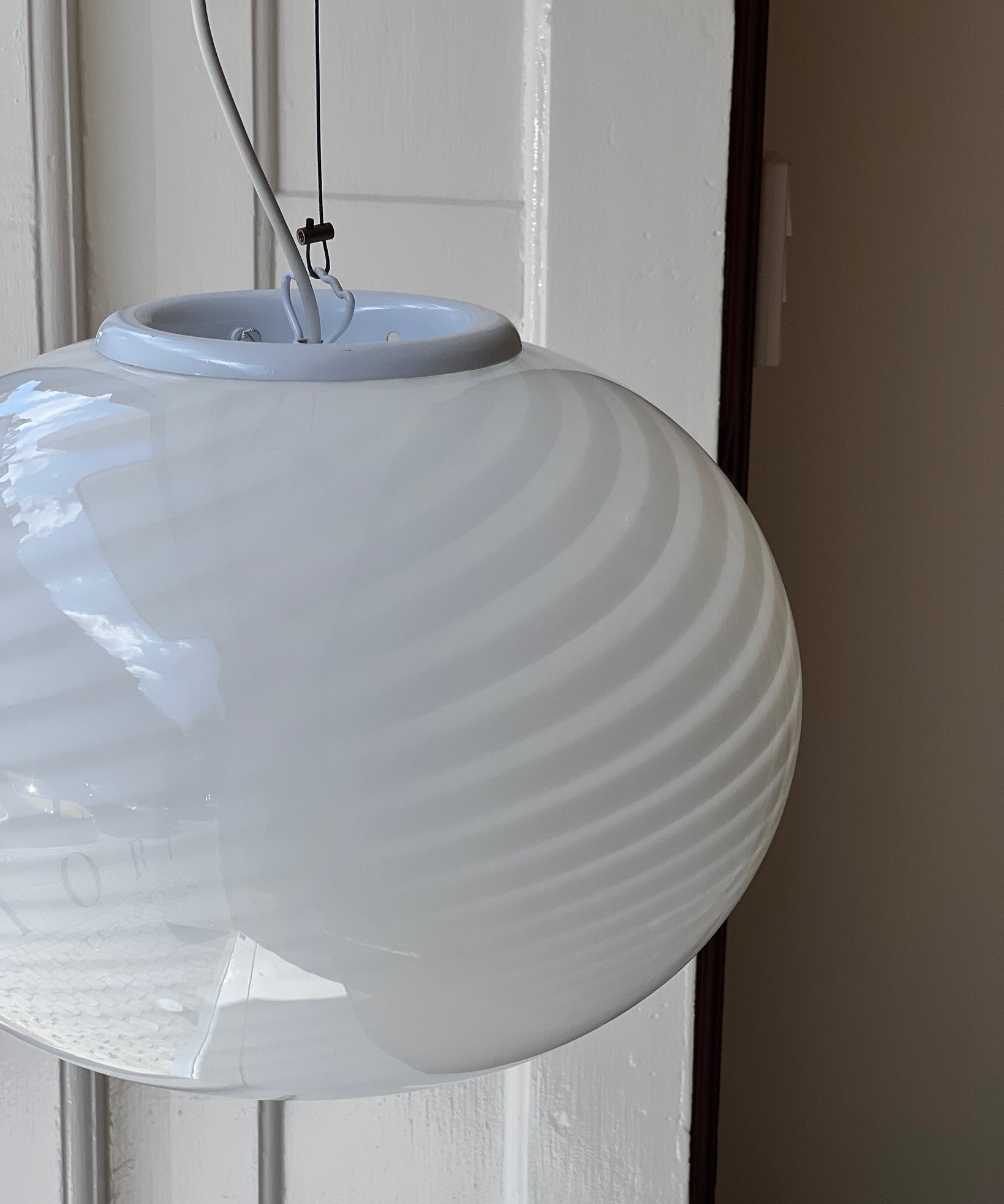 Vintage Murano oval white swirl ceiling lamp (D35)