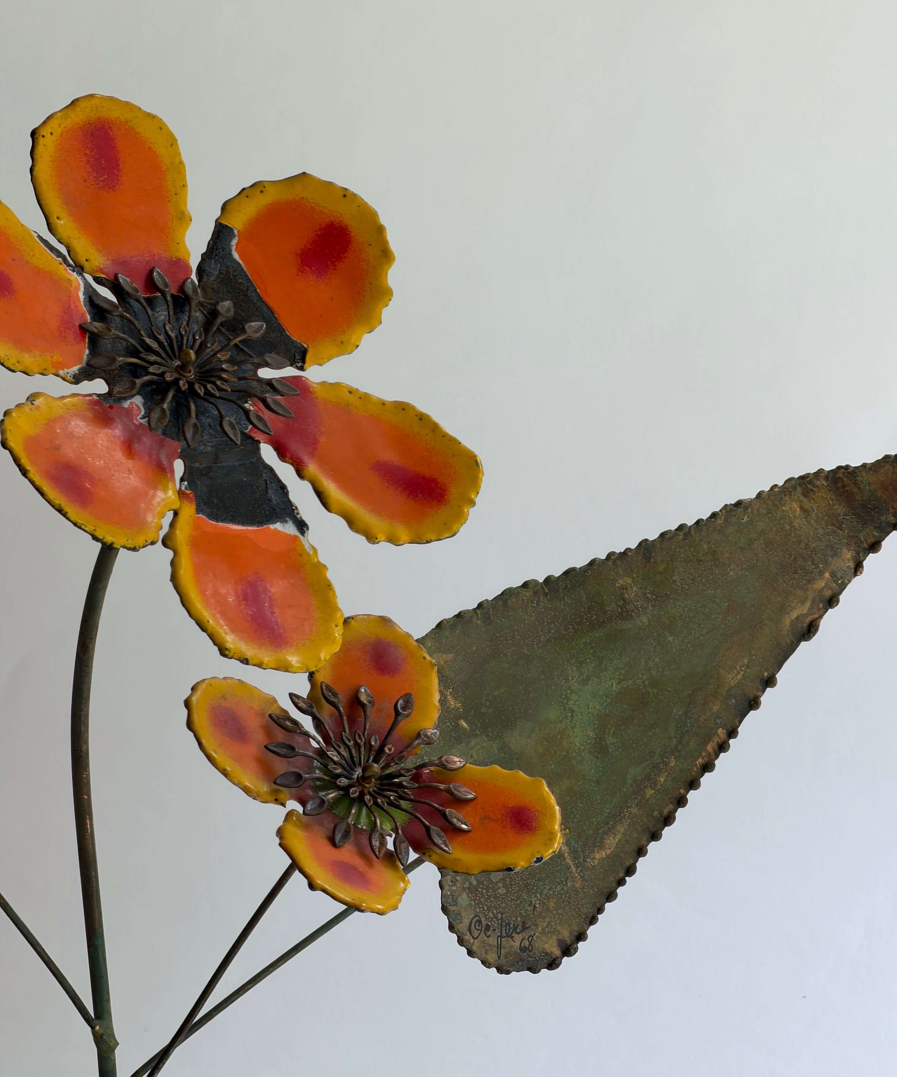 Vintage Curtis Jere orange enamel flower sculpture (stand or wall)